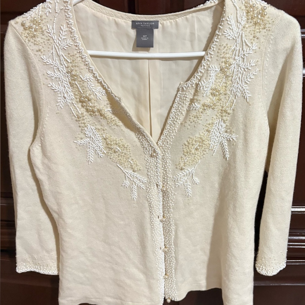Ann Taylor Ivory Cardigan with Embellished Accents